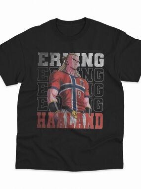 Haaland Graphic Anime Soccer Character Tee in Black and Red
